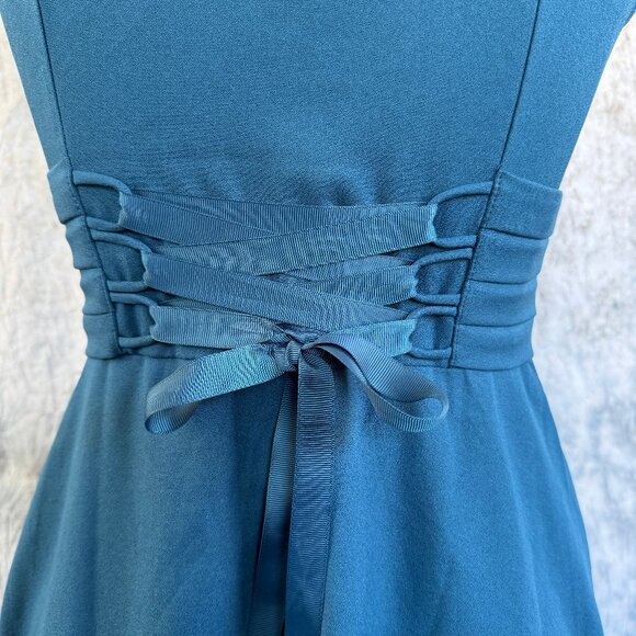 Teal Asymetrical Dress with Lace Up Back Ribbons - S - Picture 8 of 10